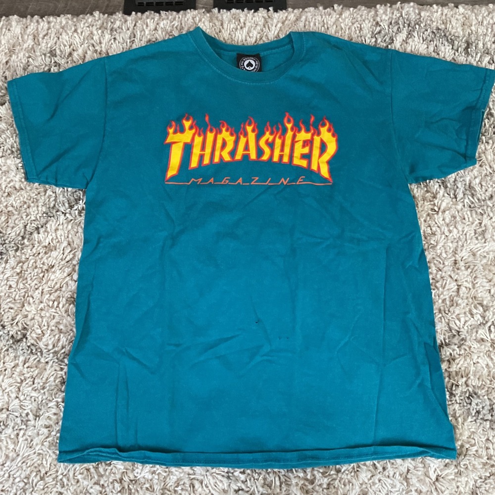 Thrasher Magazine‎ Flame Logo Graphic T-Shirt Teal Blue Mens Large Skatewear